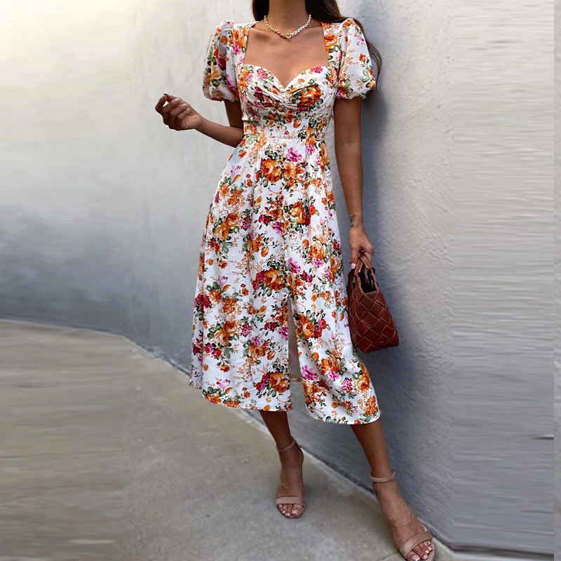 Women's Temperament Commuter Floral Square Neck Slit Dress