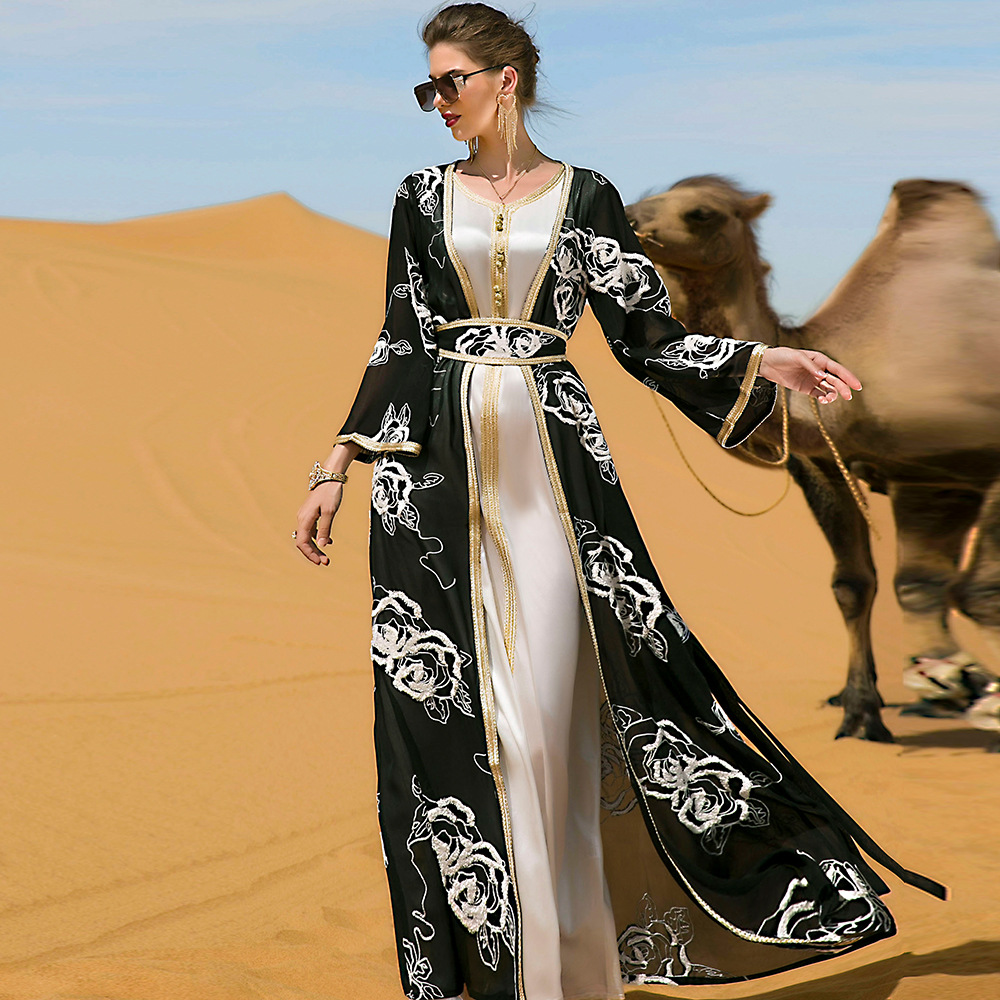 Black And White Flower Embroidery Two-piece Ladies Long With Belt Ethnic Style Dress — image 1