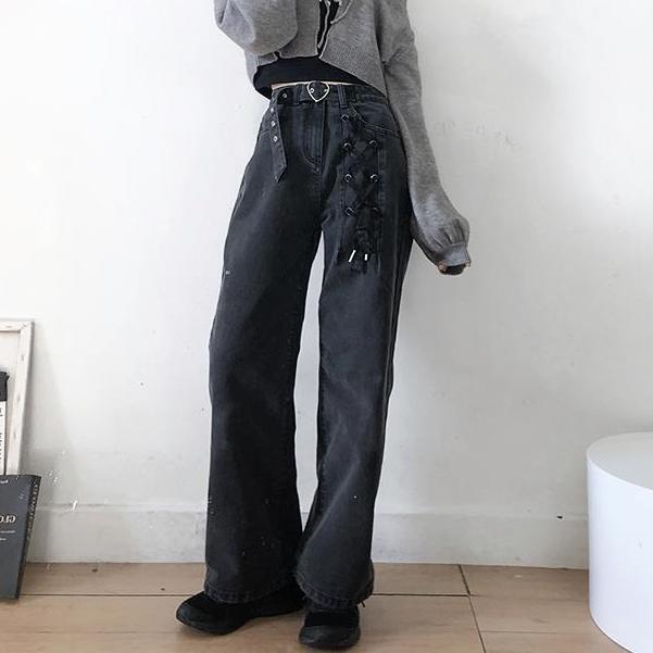 High waisted Straight leg Jeans For Schoolgirls Are Slim And Versatile With Loose Wide Legs Black - Shop at LoveMi