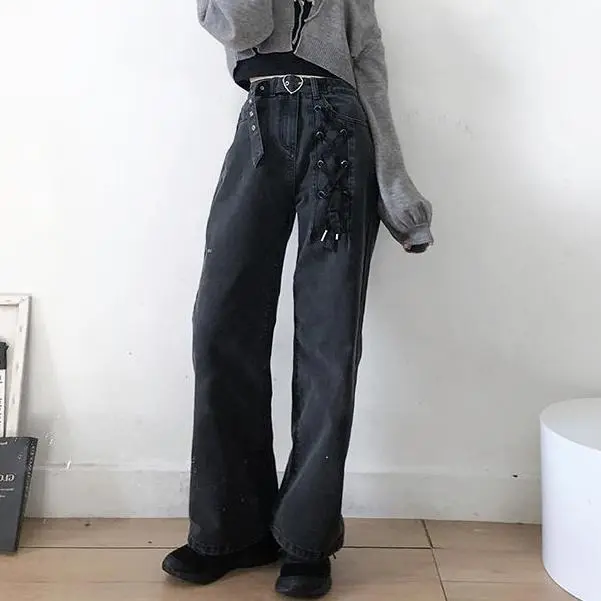High-waisted Straight-leg Jeans For Schoolgirls Are Slim And Versatile With Loose Wide Legs - Black