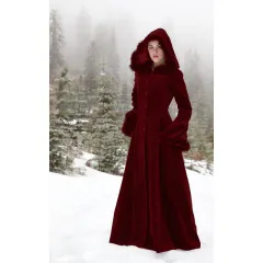 Retro Fur Collar Hooded Single-breasted Solid Colour Waisted Slim-fit Windbreaker Jacket - Wine Red - View 1