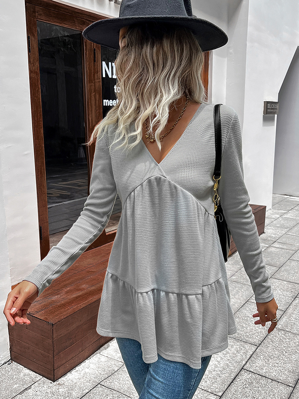 Title 10, Loose Casual Solid Color V-Neck Long Sleeve Tat...