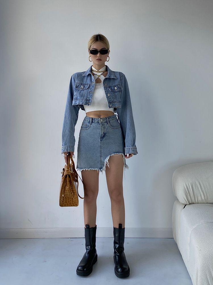 Women's Short Denim Jacket High Waist Slim Skirt Two Piece Suit - Image 1