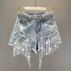 Heavy-duty Beaded Sequined Tassel Ripped Copper Jeans - Photo Colour - View 1