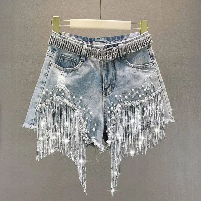 Heavy duty Beaded Sequined Tassel Ripped Copper Jeans Photo Color - Shop at LoveMi