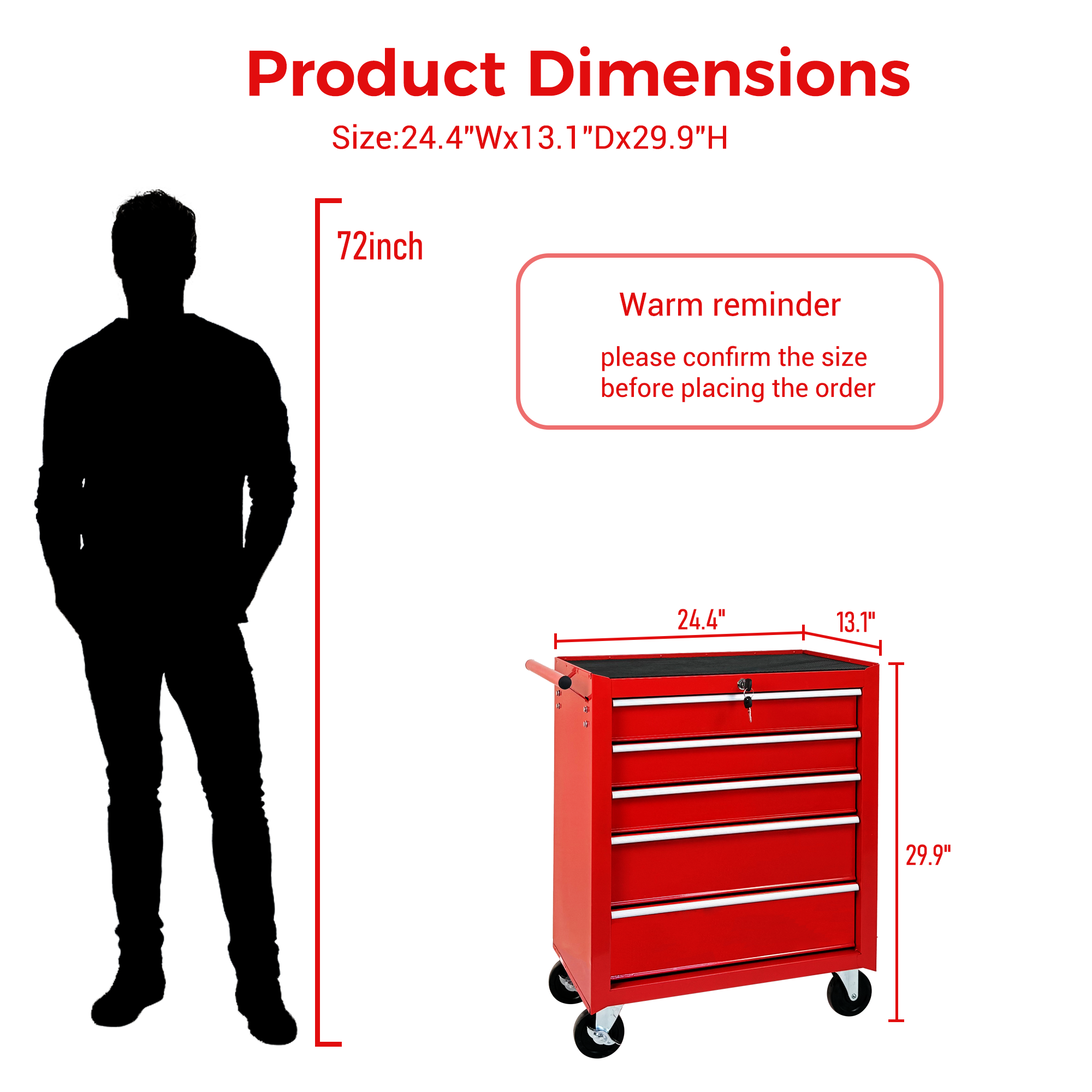 5-Drawer Rolling Tool Chest W Lock & Key, Tool Storage Cabinet With Wheels, Top Cushion & Drawer Liners, Tool Organizer Box For Garage, Warehouse & Repair Shop-RED thumbnail 4