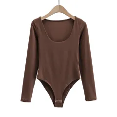 Style Women's U-neck Long-sleeved Jumpsuit Bottoming Shirt - Deep Coffee - View 1