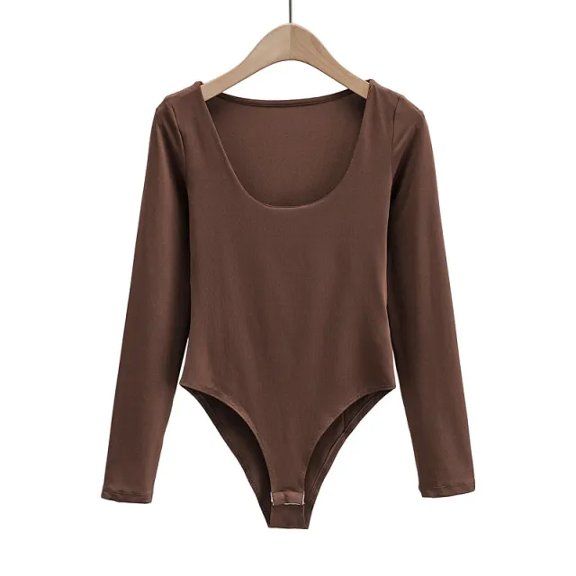 Style Women's U neck Long sleeved Jumpsuit Bottoming Shirt Deep Coffee - Shop at LoveMi
