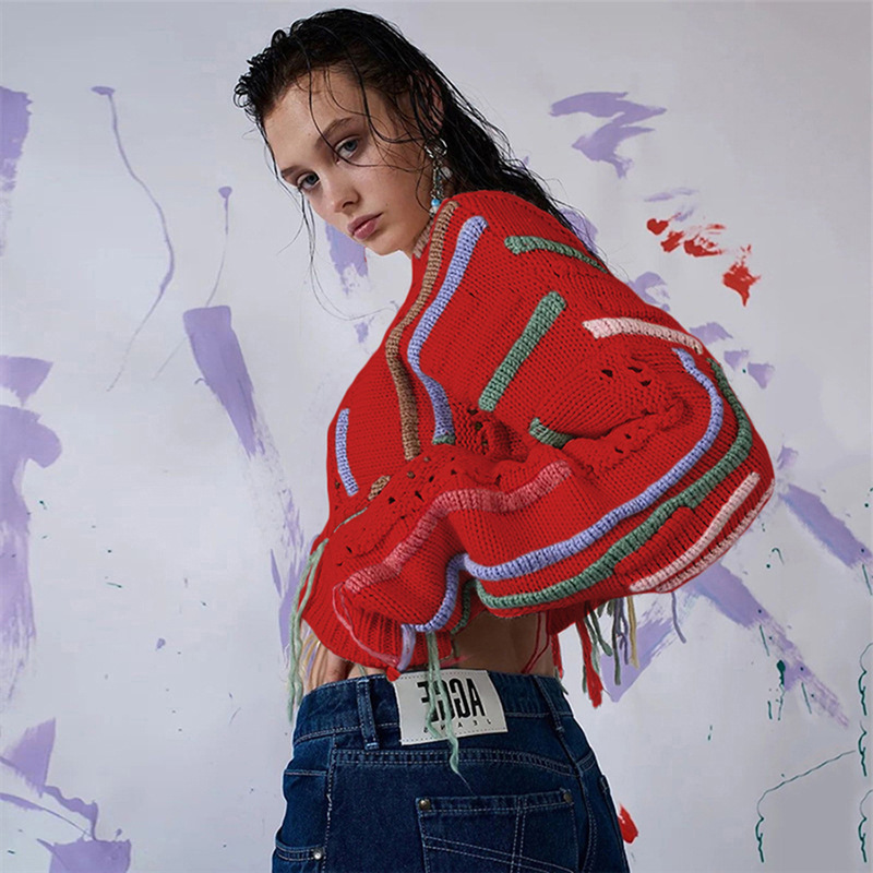 Fashion Knitted Patchwork Color Net Red Tassel Casual Short Sweater