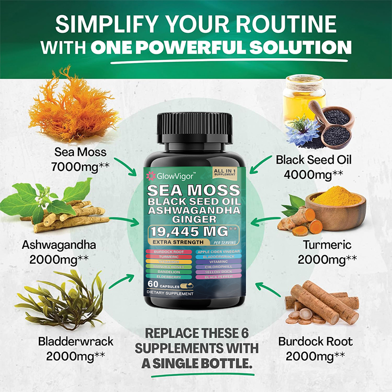 Sea Moss and Black Seed Oil Supplement Blend. Introducing our revolutionary MagicMoss Formula, a comprehensive combination of Sea Moss Pills, Black Seed Oil Pills, Ashwagandha, Bladderwrack, and Burdock Root Capsules, enriched with over 12 potent ingredie