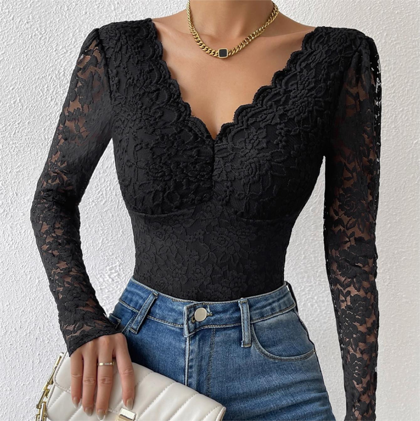 Title 5, Solid Color Lace Long Sleeve Hot Girl See-throu...