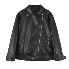 Collision Colour Locomotive Women Loose Short Pu Leather Jacket - Black - View 1