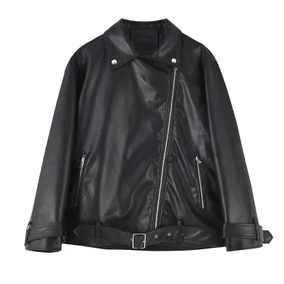 Collision Color Locomotive Women Loose Short Pu Leather Jacket Black - Shop at LoveMi