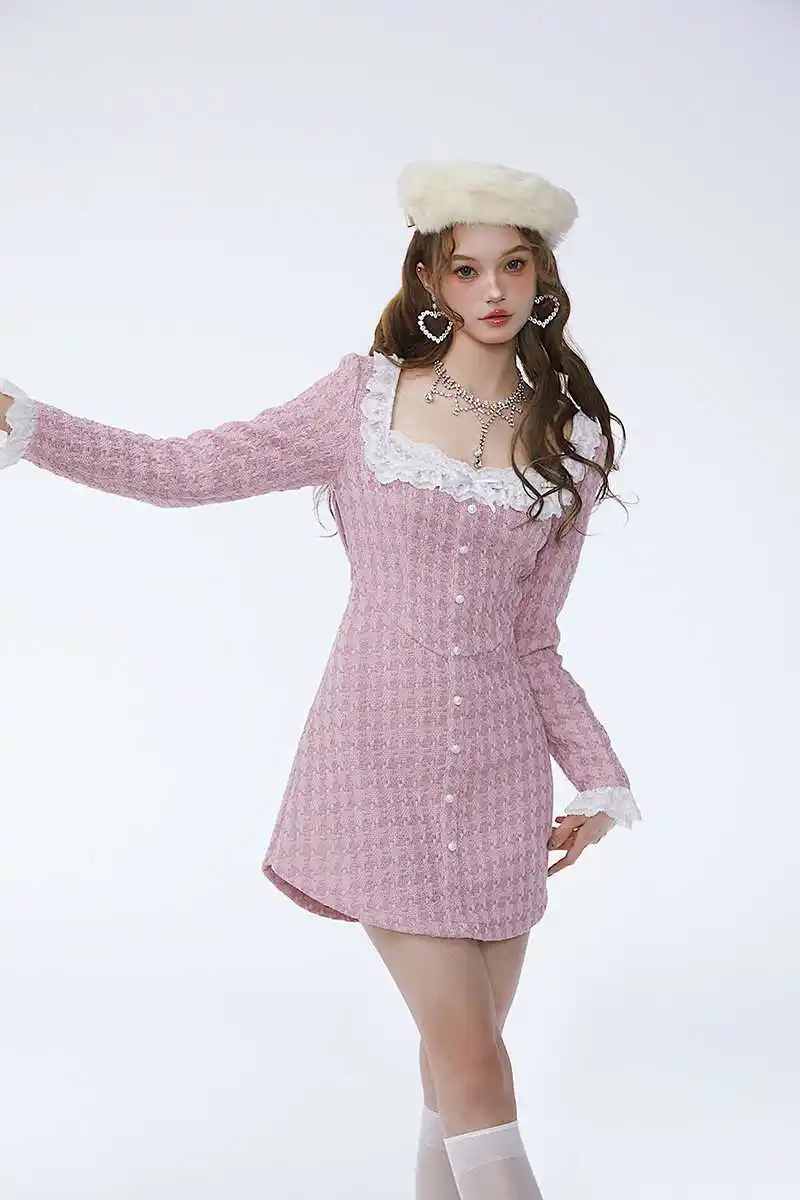 Women's Woolen Dress With Square Collar And Long Sleeves
