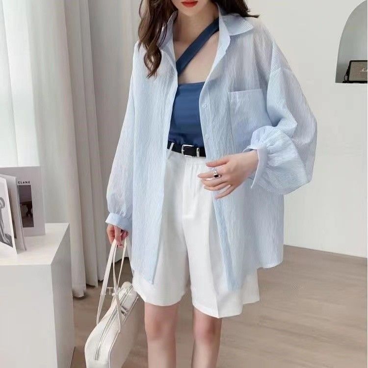 Students Summer Thin  New Wild Mid-length Striped Shirt Outer Jacket