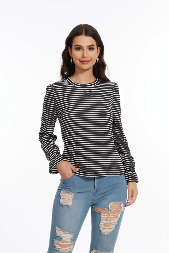 Women's Striped Long Sleeved Shirt Black - Shop at LoveMi