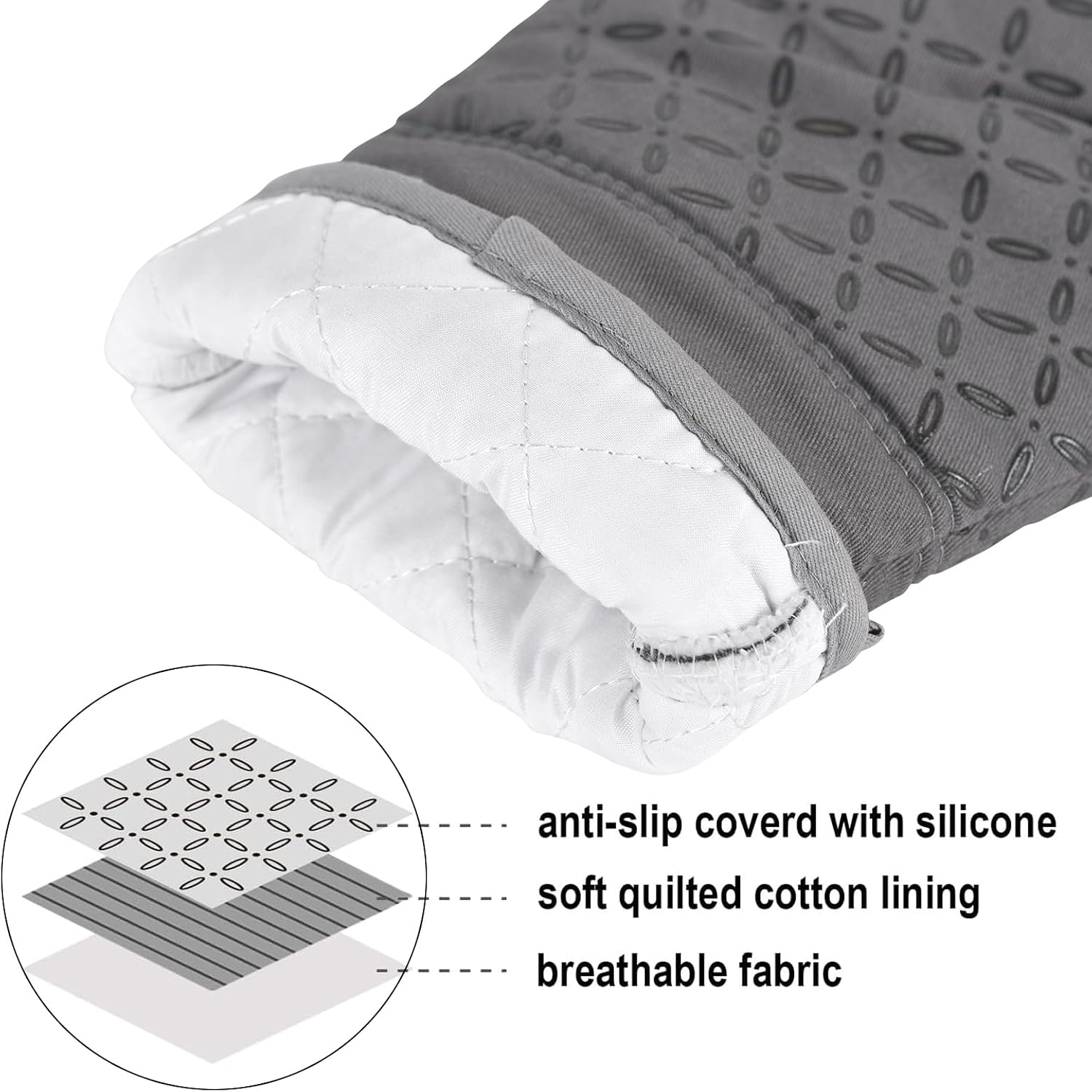 Oven Mitts And Pot Holders 6 PCS, High Heat Resistant Kitchen Gloves Up To 500 Degree With Extra Long Non Slip Silicone Surface, Gray 5