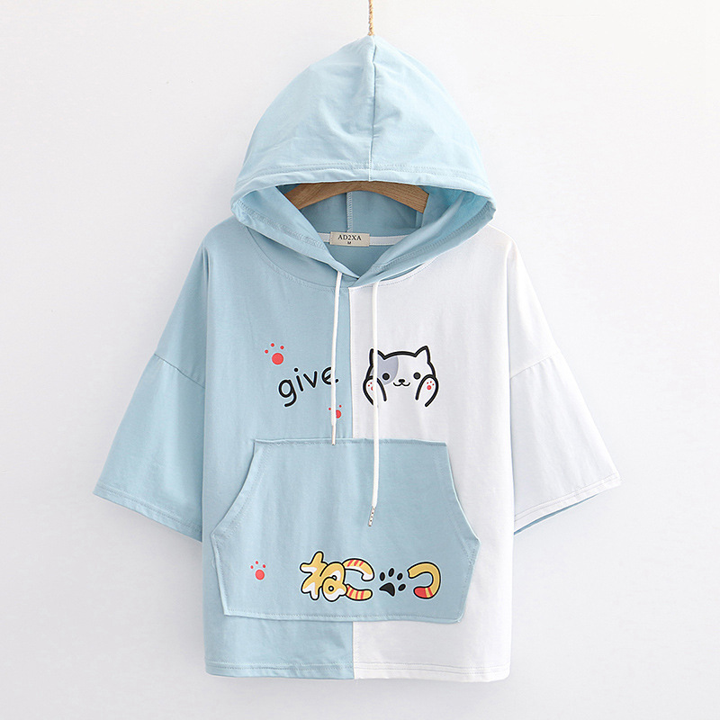 Title 4, Japanese cartoon print loose hooded short sleev...