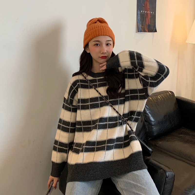 Title 3, Autumn And Winter Loose Retro Plaid Striped Swe...