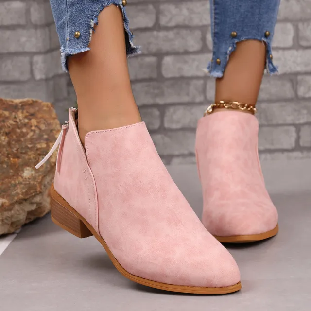 Chunky Heel Pointed Toe Ankle Boots With V cut Design Fashion Fall Winter Short Boots For Women Shoes Pink - Shop at LoveMi