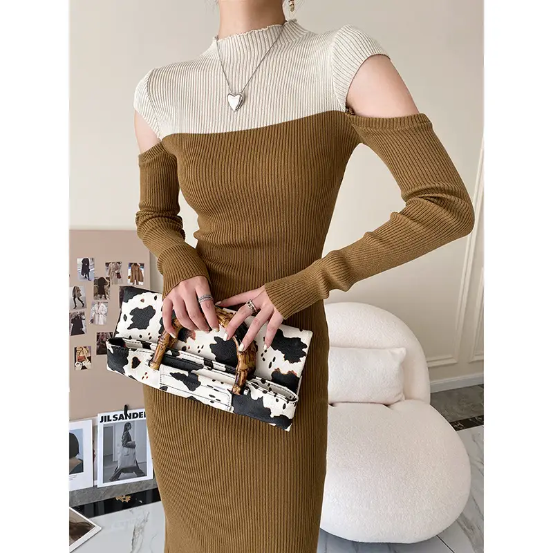 Hollow Half High Collar Contrast Color Knitted Bottoming Dress