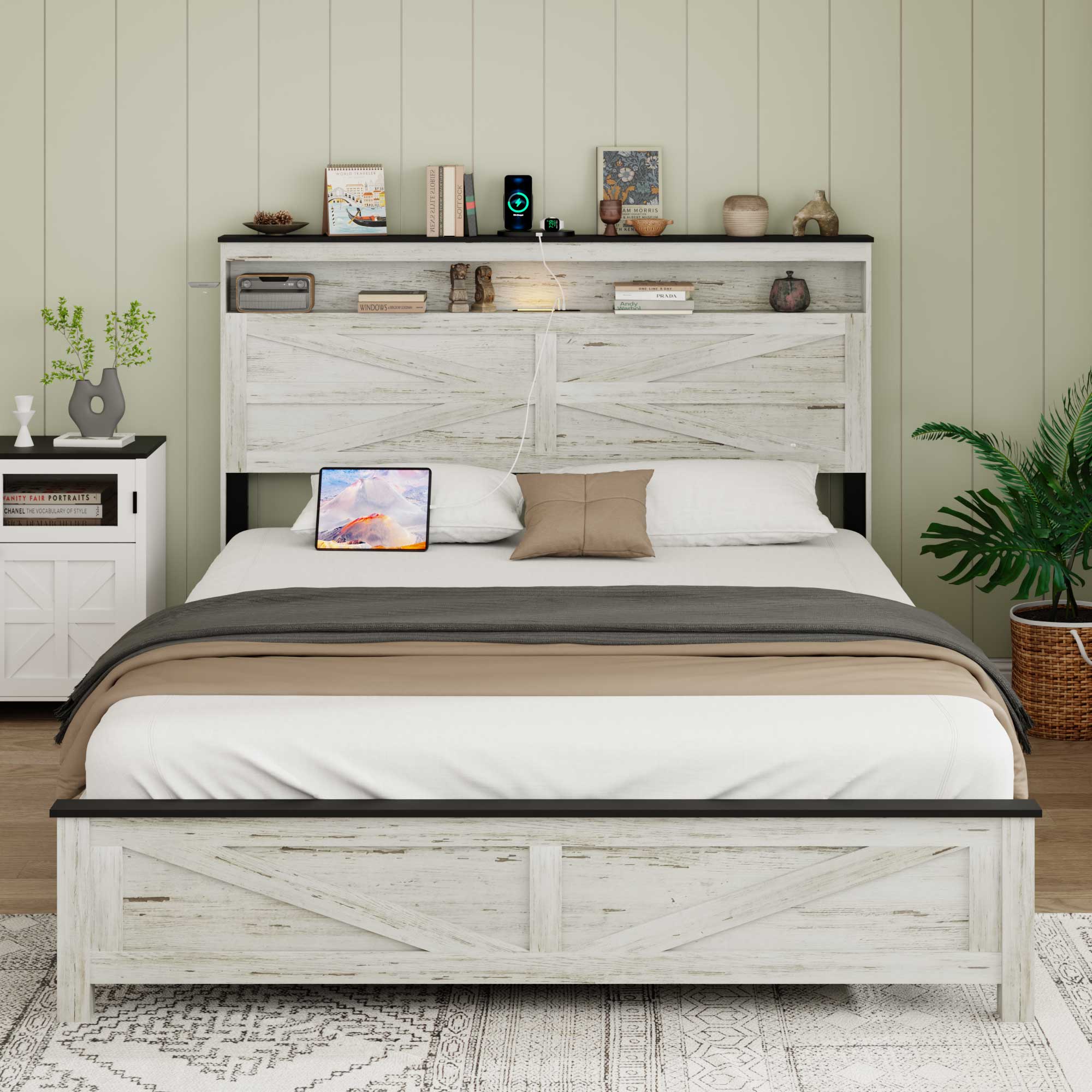 Queen Bed Frame With LED, Charging Station & Hidden Storage, White & Gray — foto 6