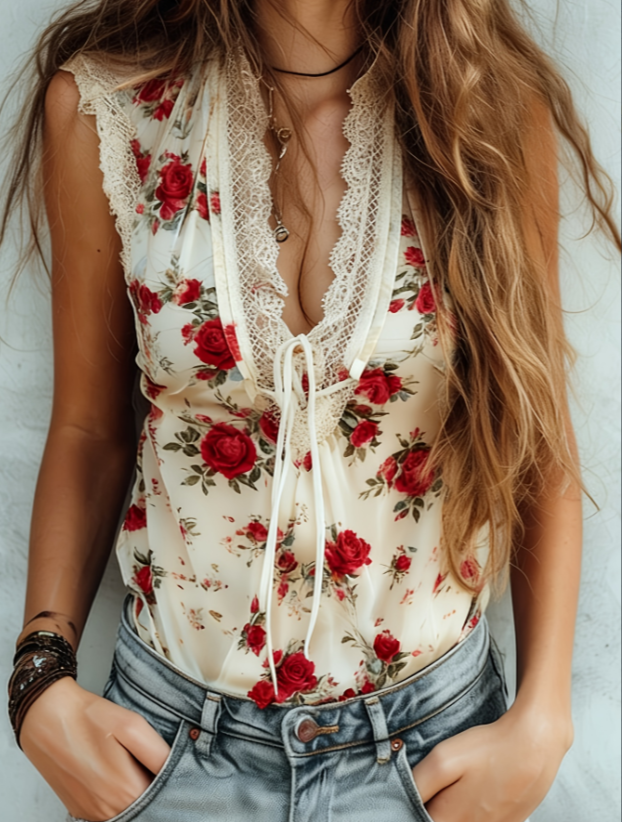 Printed Lace V-neck Sleeveless Vest For Women