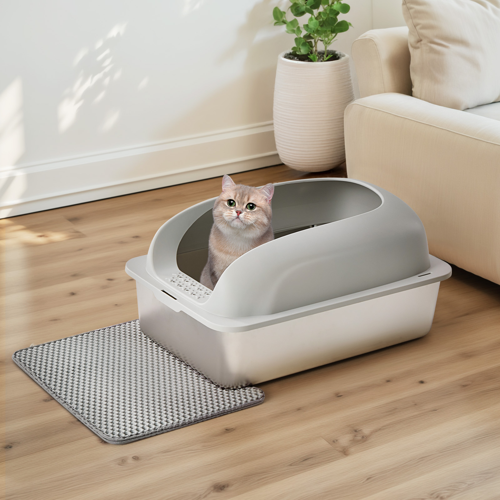 Stainless Steel Cat Litter Box With Lid, Large Cat Litter Box For Big Cats, Scoop And Mat Included image 4