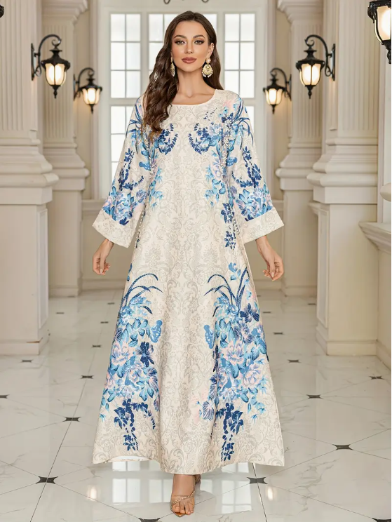 Elegant Floral Print Long Sleeve Abaya Dress