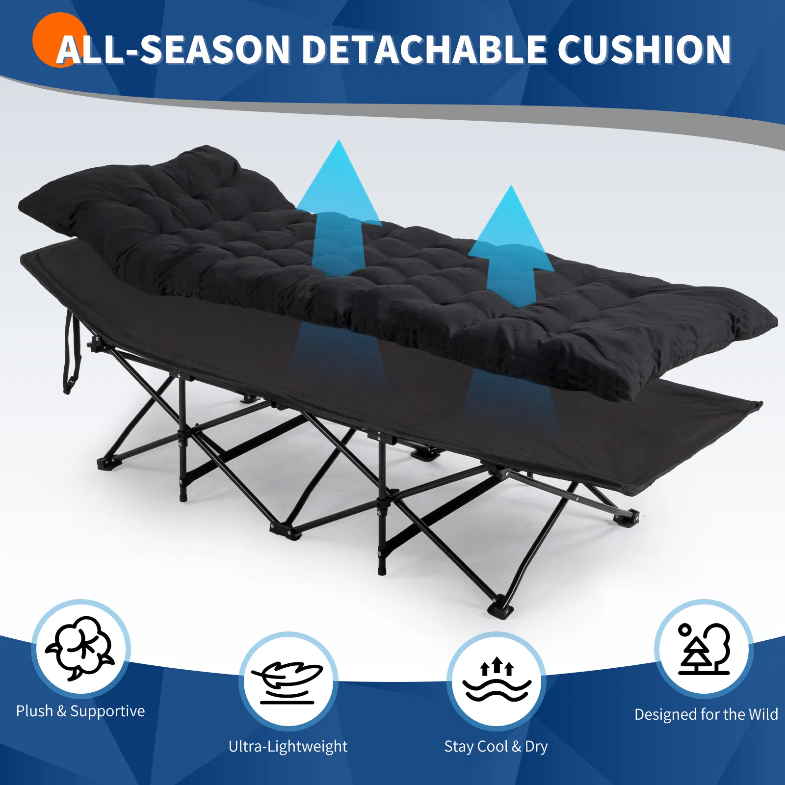 Folding Camping Cot Bed With Soft Pad, Portable Outdoor Cot, Adults Sleeping Bed For Home Office Nap Beach Travel, Black — foto 3