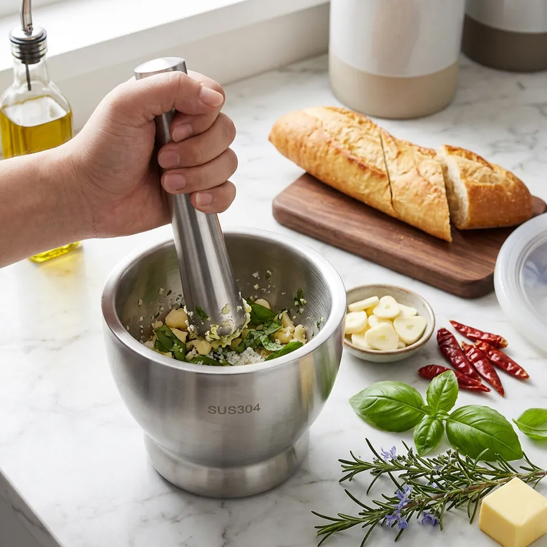 Steel Garlic Mortar And Pestle-Manual Crusher & Grinder For Herbs & Spices — image 9