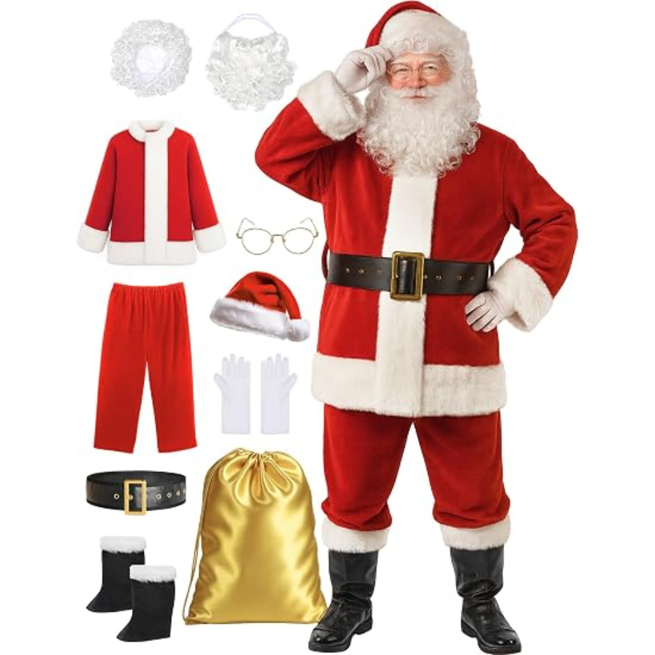 10PCS Deluxe Santa Claus Costume Set For Men, Adult Santa Suit With Hat, Beard, Belt & Boot Covers SMALL AND MEDIUM SIZE