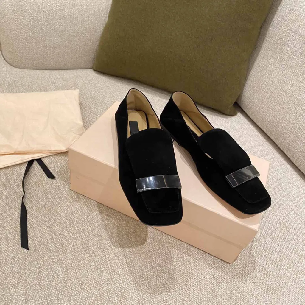 Square Toe Flat Single Shoes Step On Heel Two Wear Loafers Women - Black