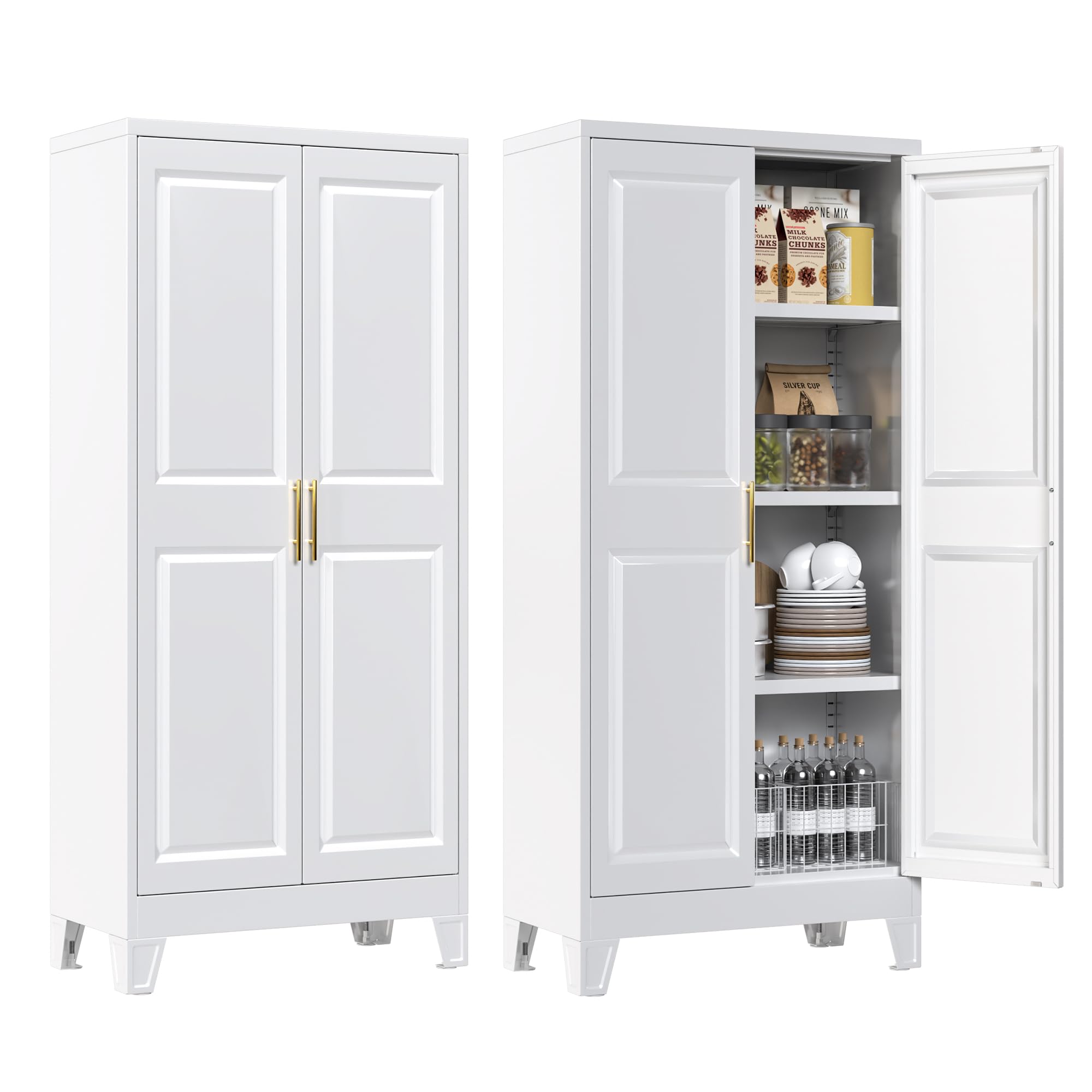 METAN Metal Kitchen Pantry Cabinet With 2 Doors,Metal Pantry Cabinets With 3 Adjustable Shelves For Kitchen, Assembly Required,White
