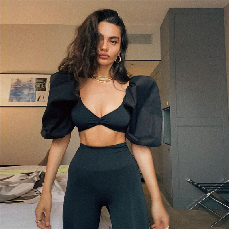 Women's V-neck Lantern Sleeve Short Style Crop Slim T-shirt Female