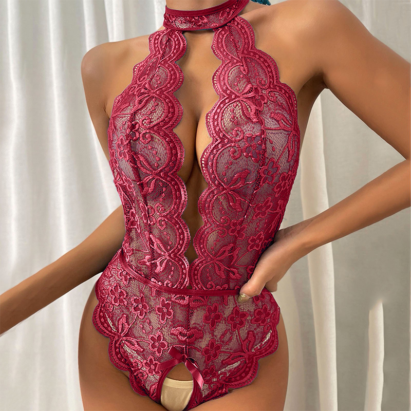 Lingerie Lace Sling Bodysuit Large Size Pajamas Wine Red C - Shop at LoveMi