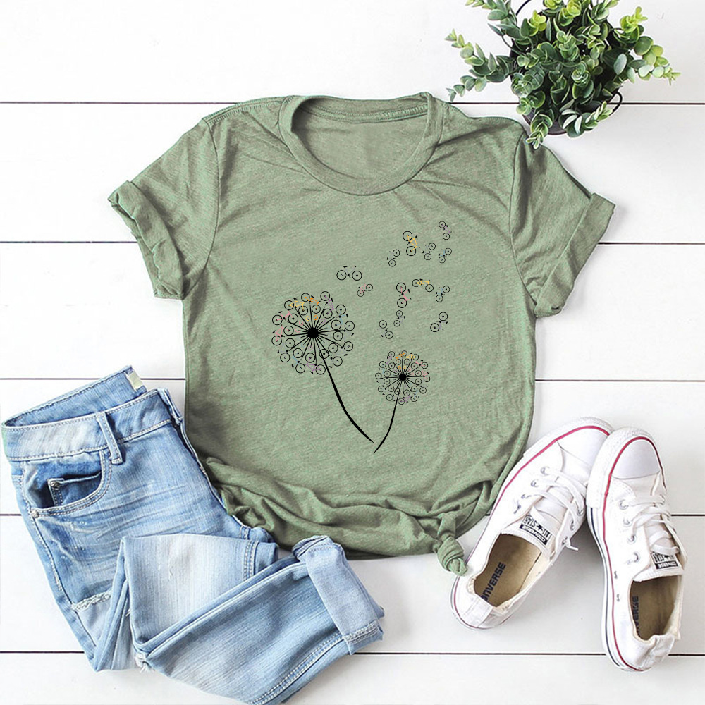 Women's Loose Dandelion Bike Round Neck Short Sleeve T shirt Olive Green - Shop at LoveMi