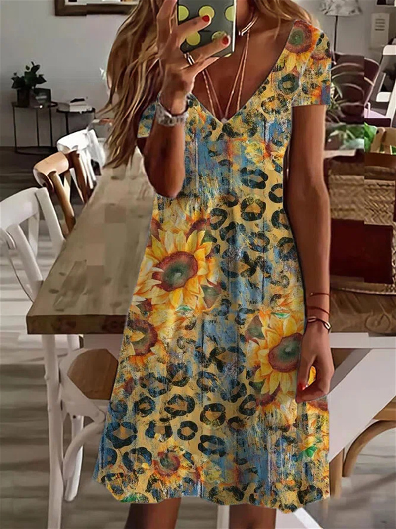European And American Sunflower Print Dress