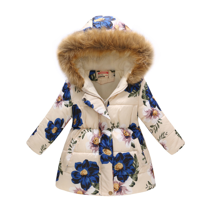 Printed Fashion Cartoon Big Boy Long Fur Collar Hooded Cotton Jacket