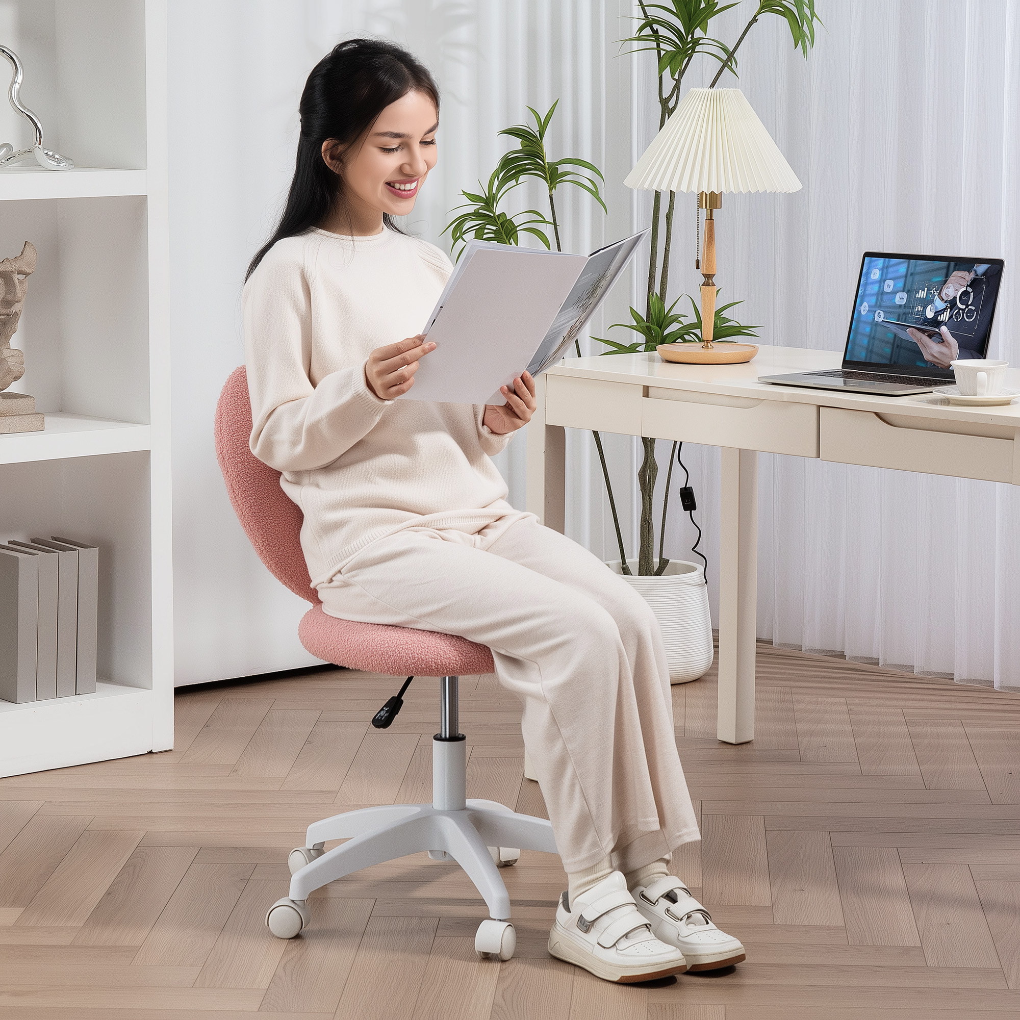 Armless Heart-shaped Computer Desk And Chair, Teddy Velvet Rotating Office — image 8