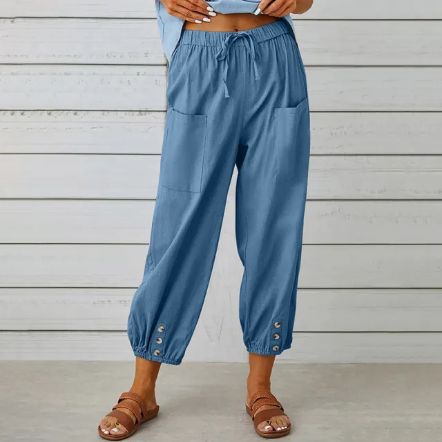 Effortless Drawstring Capris Women's Wide Leg Casual Summer Pants With Adjustable Waist Blue - Shop at LoveMi