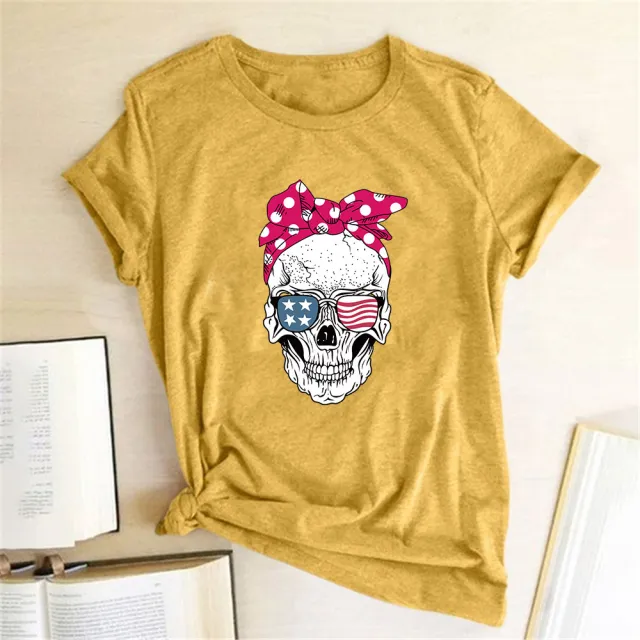 Bandana Sunflower Sunglasses Skull Print Short Sleeve T shirt Yellow - Shop at LoveMi