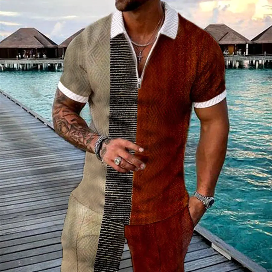 Men's Summer Fashion 3D Printed Short Sleeve Geometric Zip