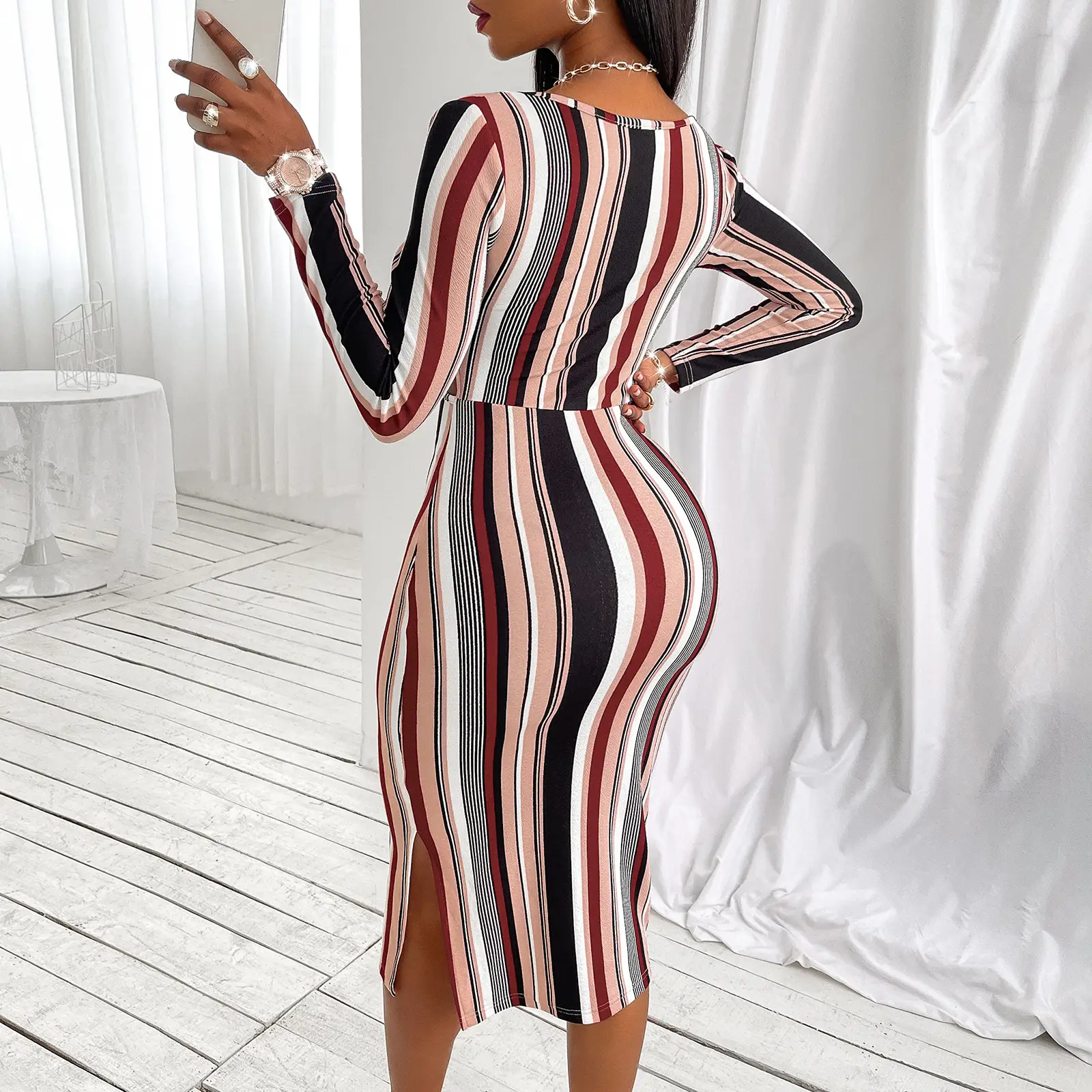 Women's Wrap Chest Striped Long Sleeve Dress