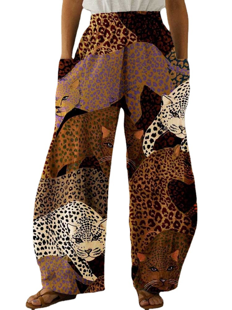 Title 2, Mid-Rise Trousers Straight-Leg Brown Print