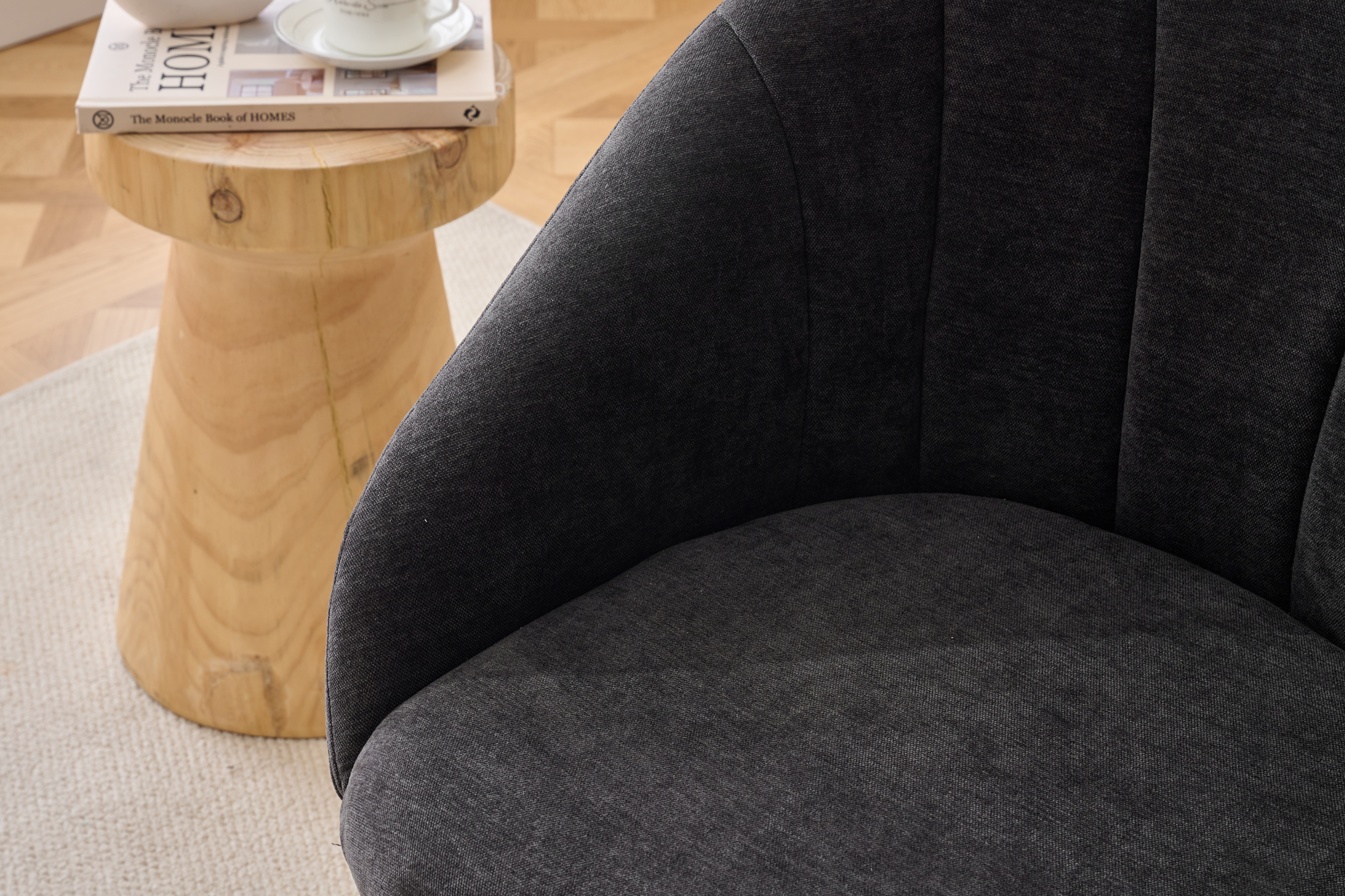 068-Chenille Fabric Swivel Accent Armchair, Comfy Vanity Chair With Curved Backrest, Upholstered Dining Chair With High Cylindrical Base,Gray — foto 3