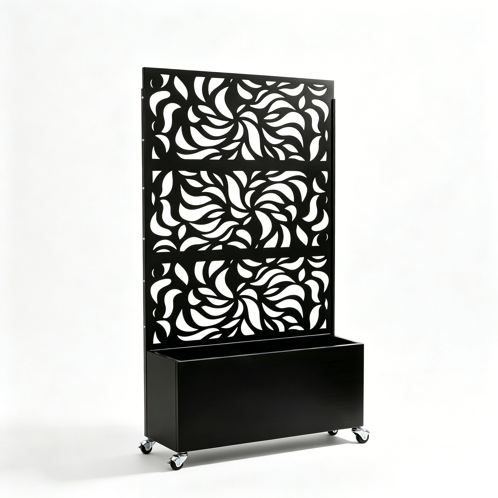 70.87" H × 46.06" W Leaf Pattern Privacy Screen with Planter Box, Black Metal Freestanding Decorative Fence Planter for Patio Balcony Backyard