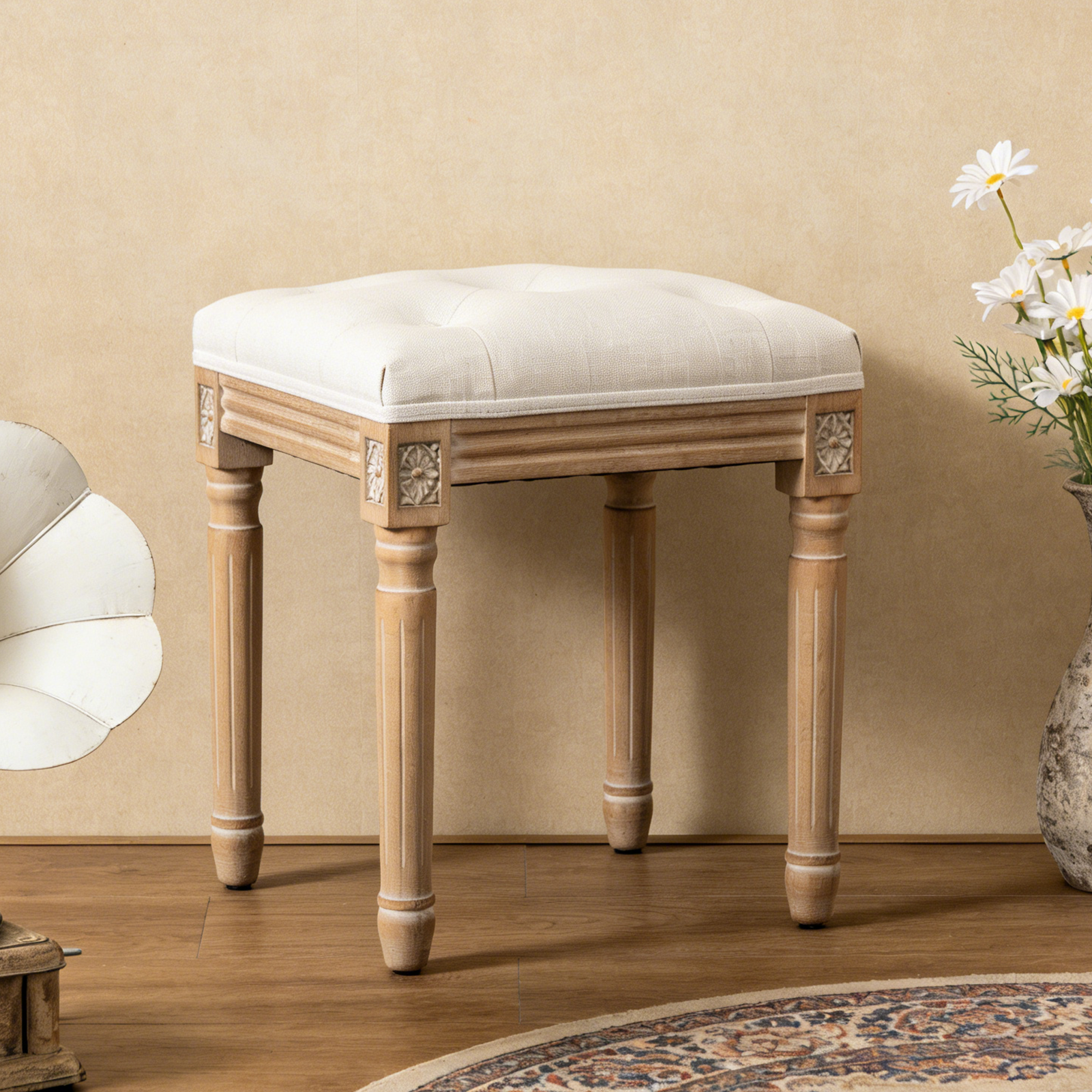 Tufted Vanity Stool with Linen Upholstery & Carved Solid Wood Legs, Dressing Bench for Bedroom, Beige