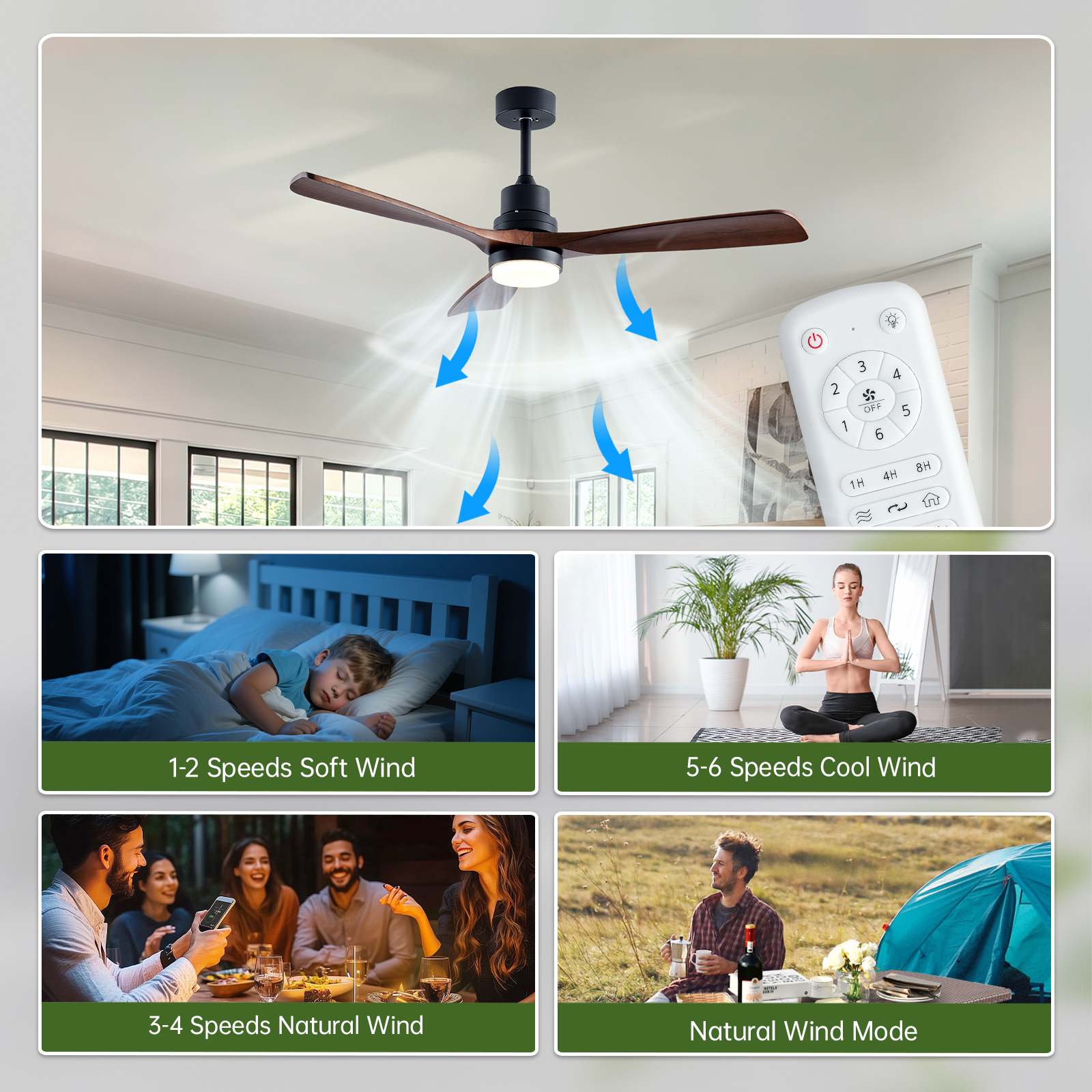 52" Wooden Ceiling Fans with Lighted Remote Control, Indoor Outdoor Wooden Ceiling Fan, Outdoor Modern Ceiling Fan with 3 Fan Blades for Patio, Living Room, Farmhouse, etc (Black + Walnut) — foto 3