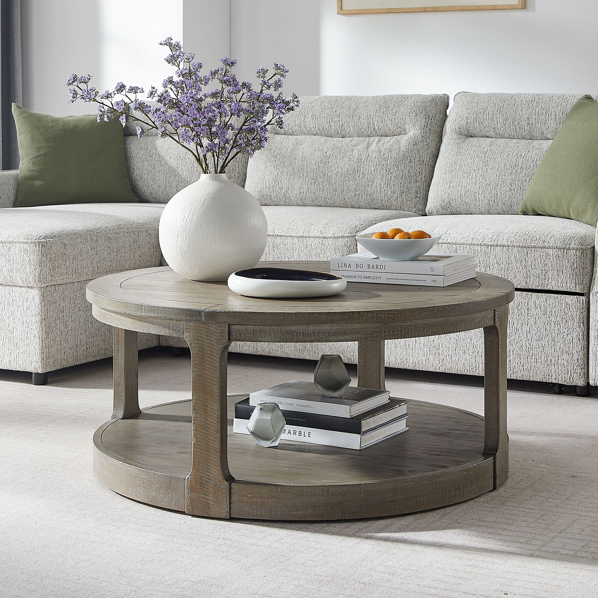 40inch Large Curved 2 Tier Traditional Round Circle Wooden Center Coffee Table,Rounded Table with Wheels,Mid Century Rustic Style Table for living Room,Office,Apartment,Light Brown — foto 8
